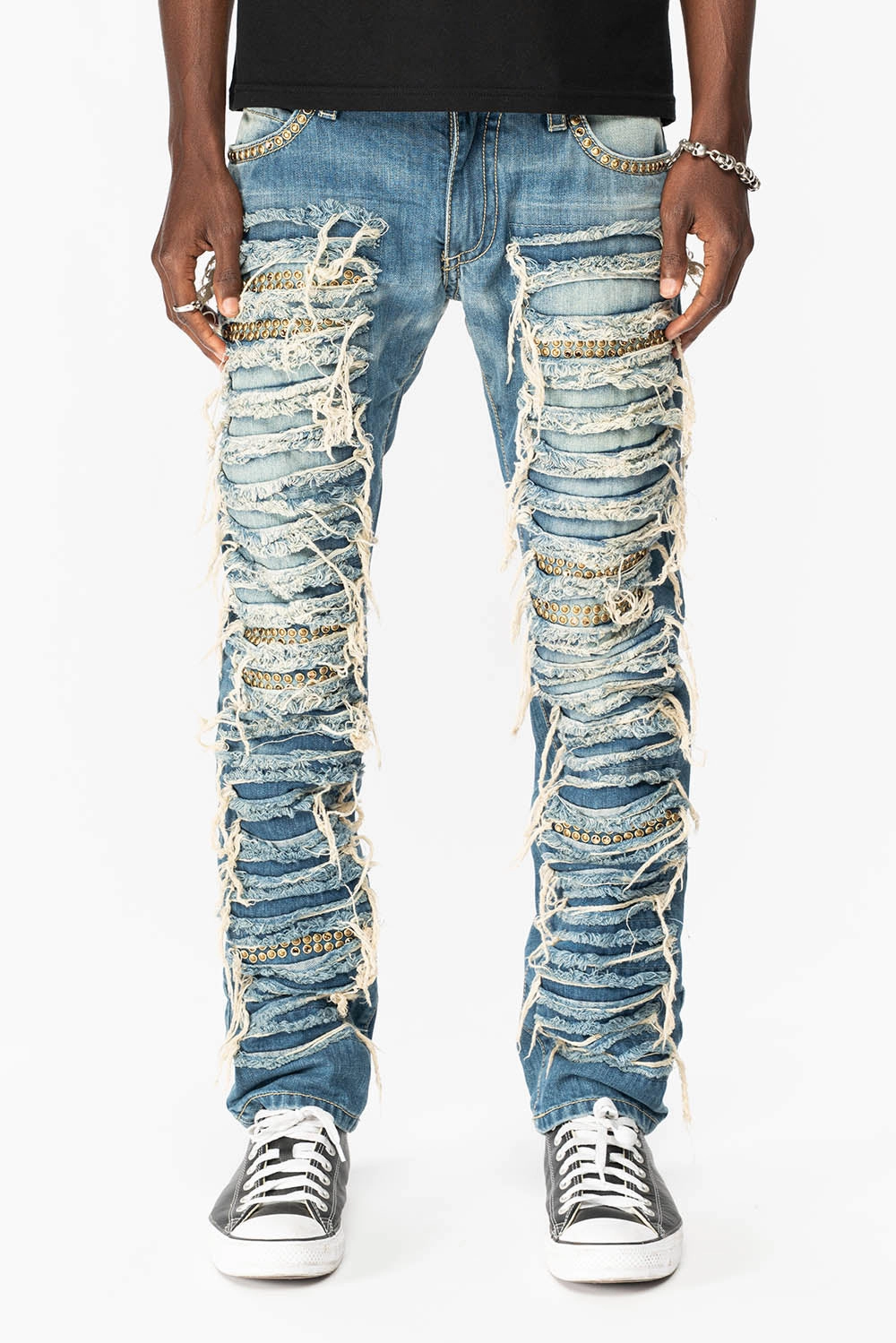 MARLON RIPPED,BROKEN HAND REPAIRED DENIM JEANS IN MANDAN BLUE WITH SMOKEY TOPAZ CRYSTALS AND  NAILHEADS Weekend Getaway Outdoor Adventure Picnic Style