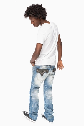 Sandblasted Finish Fashion Piece ROBIN'S LIMITED EDITION JEANS IN VINTAGE  AQUARAMA EMBELLISHED WITH  LEATHER,CRYSTALS AND STUDS