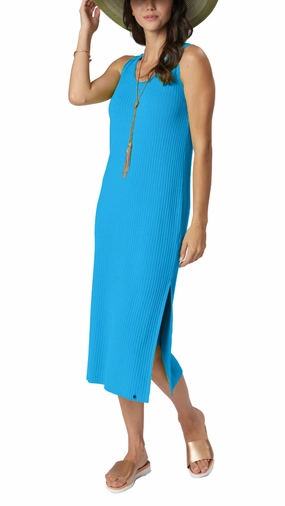 Betsy Vertical Rib Knit Sleeveless Mid-Calf Sheath Dress - Turquoise Sharp Motion Soft Appeal