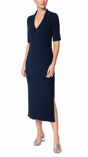 Dreamy Presence Gillian Rib Knit Midi Polo Dress - Dark Navy
