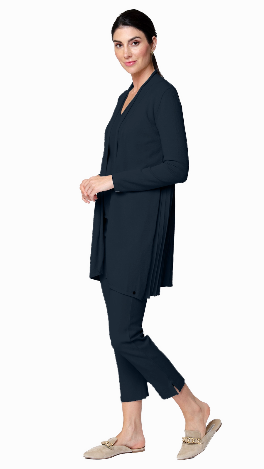 Amely Shawl Collar Mid-Length Cardigan - Dark Navy Ergonomic Sleeve Shape