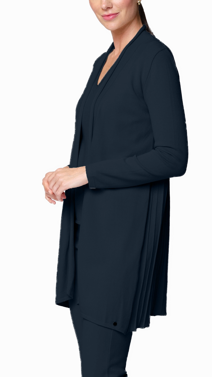 Amely Shawl Collar Mid-Length Cardigan - Dark Navy Sustainable Sourcing Certified Reinforced Edging