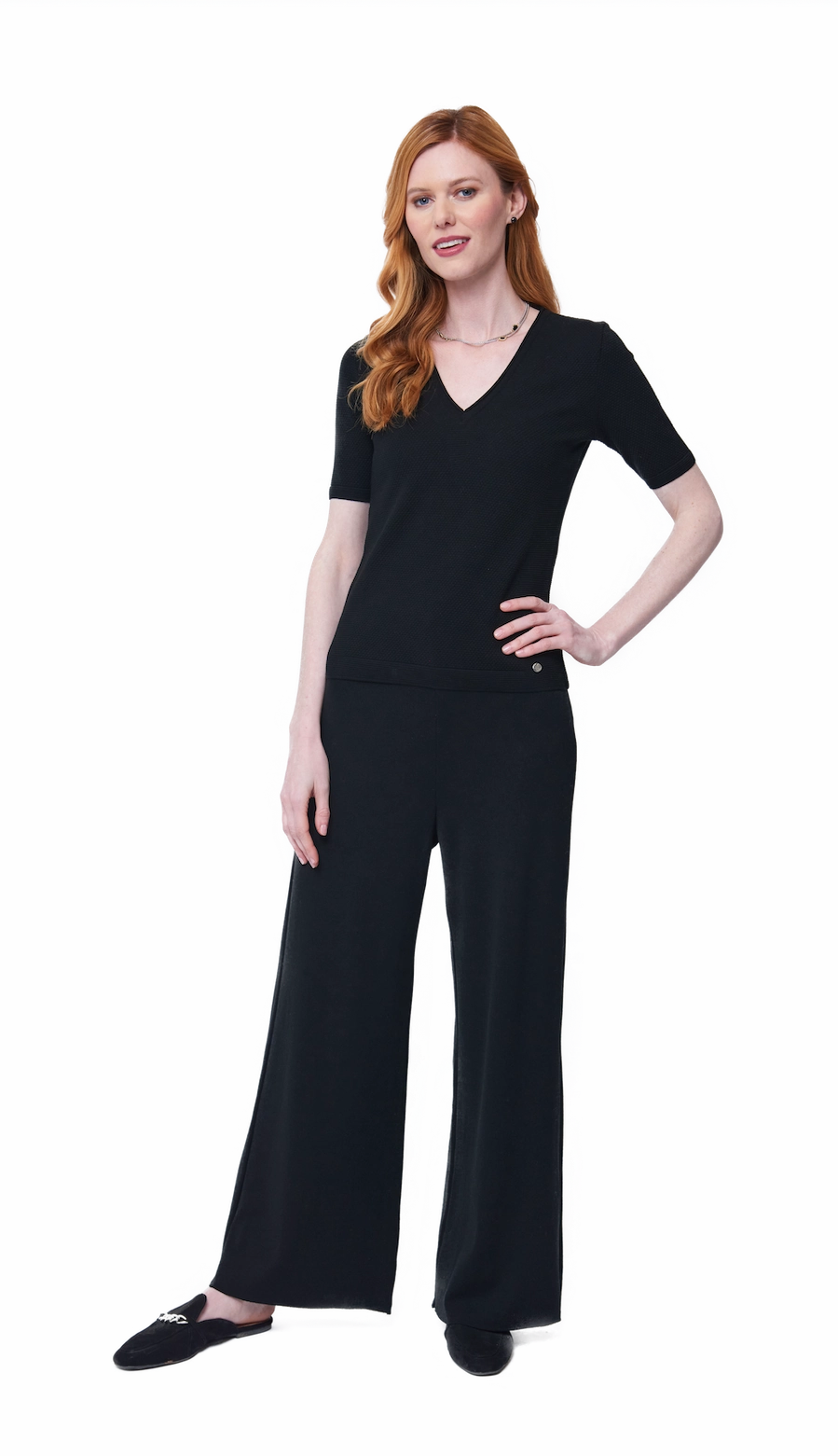 Elena V-Neck Ribbed Top - Black Non Iron