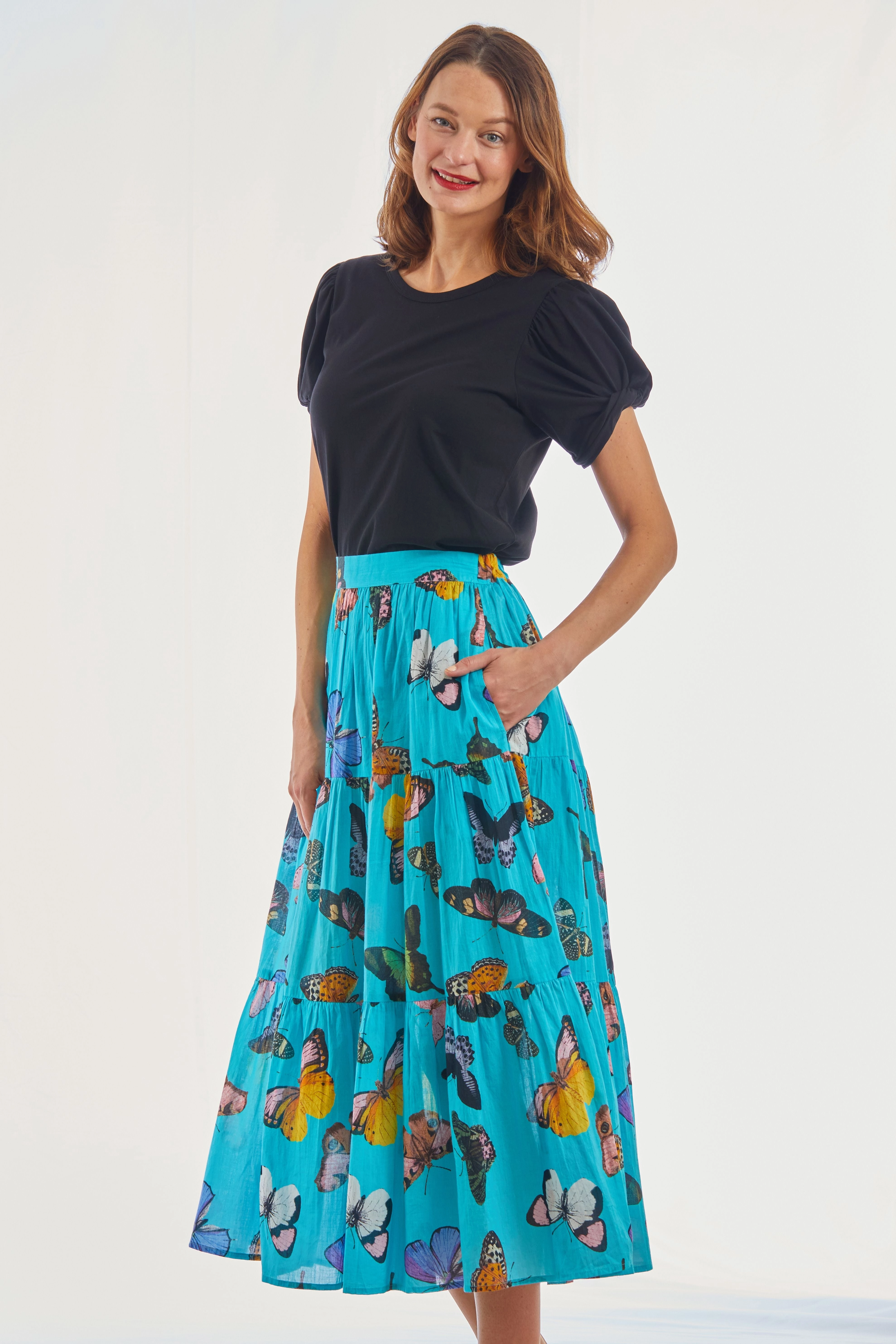 Woodstock Midi Skirt - Turquoise With Butterflies Classic Touch Urban Fashion