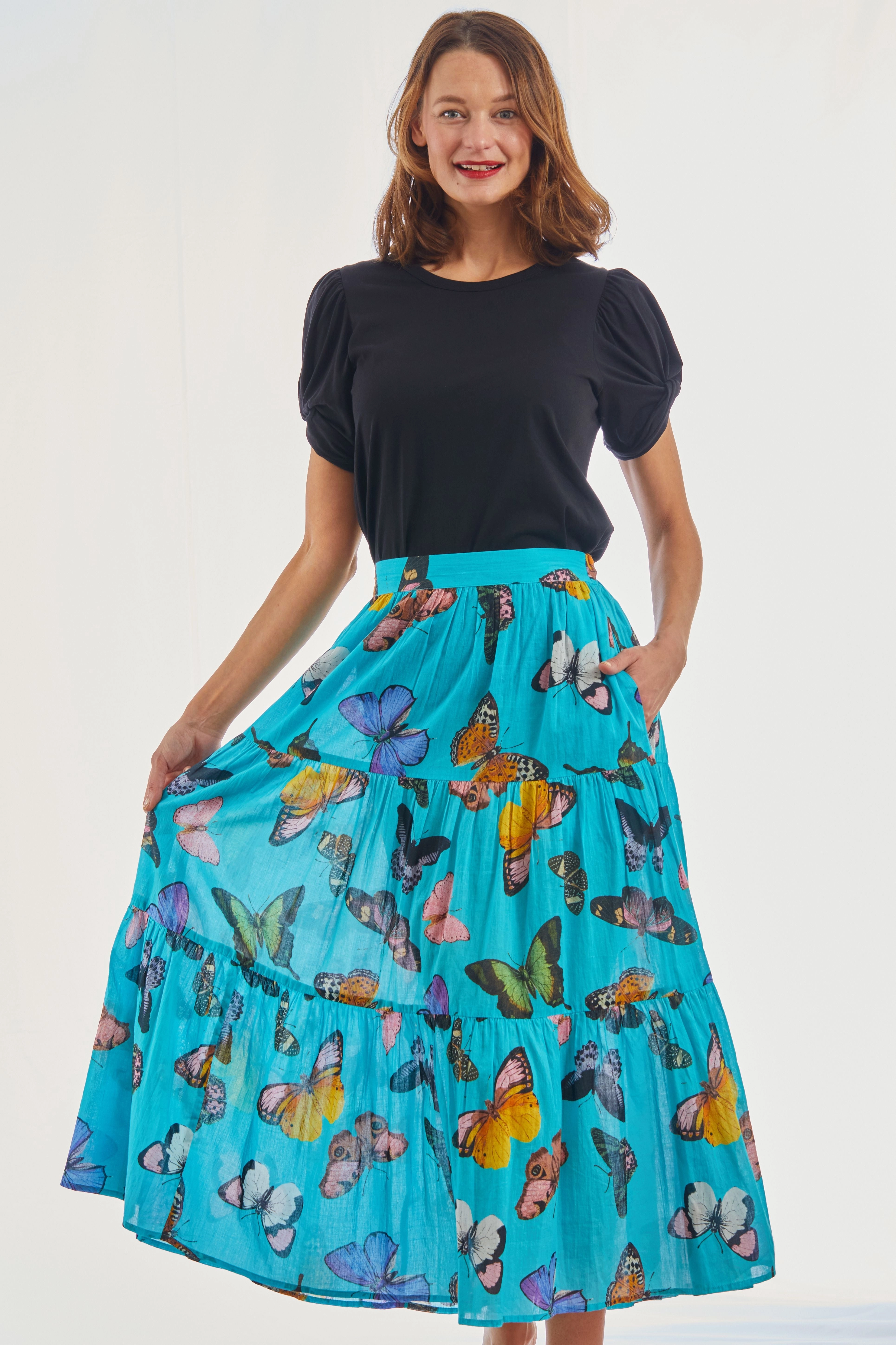 Woodstock Midi Skirt - Turquoise With Butterflies Sustainable Fabric High Street Chic