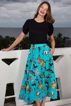 Woodstock Midi Skirt - Turquoise With Butterflies Wardrobe Basics