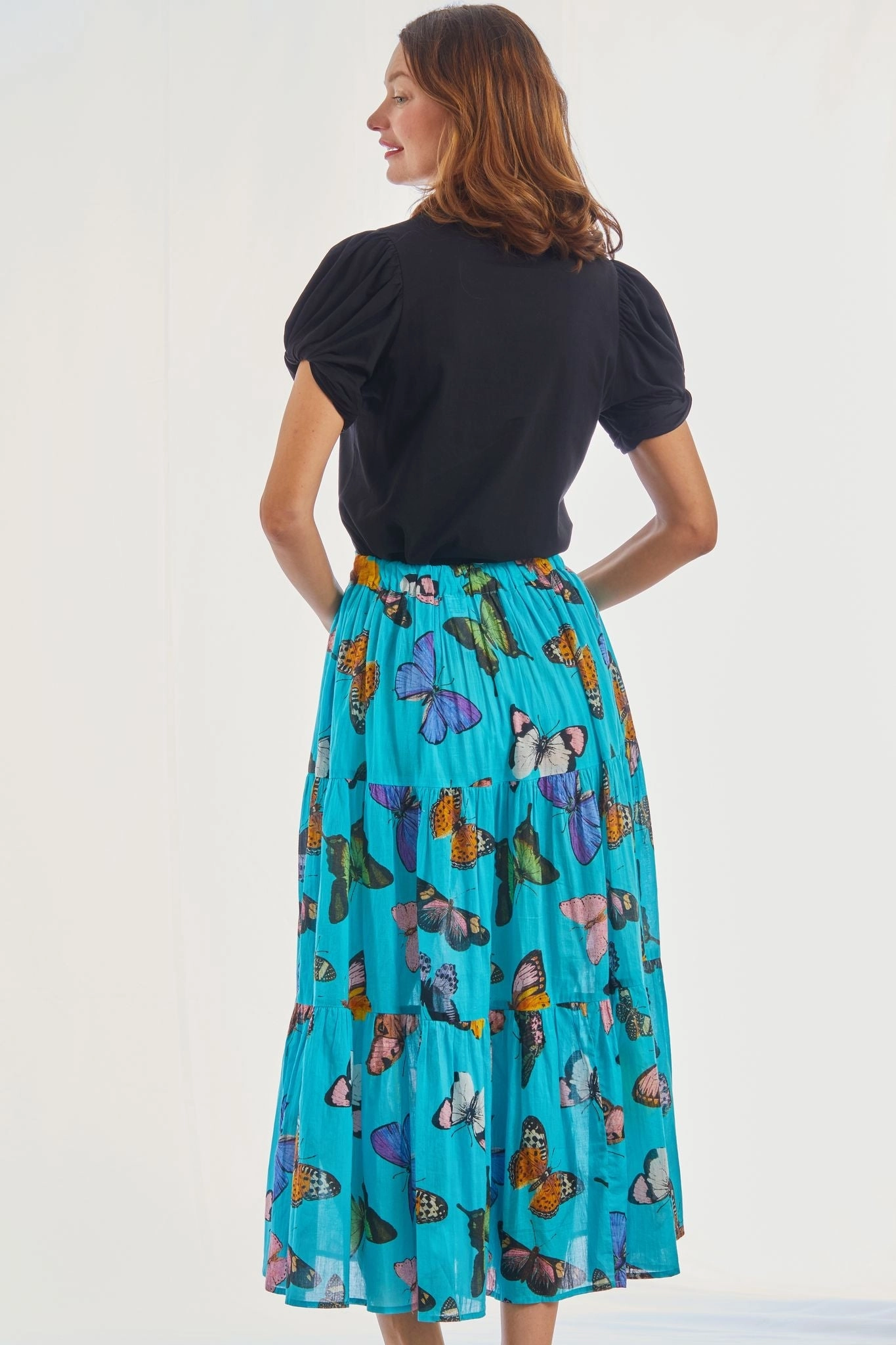 Maxi length Woodstock Midi Skirt - Turquoise With Butterflies