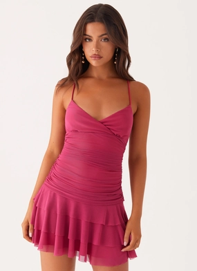 Emily Mini Dress - Fuchsia Modern Finish Silky Silhouette