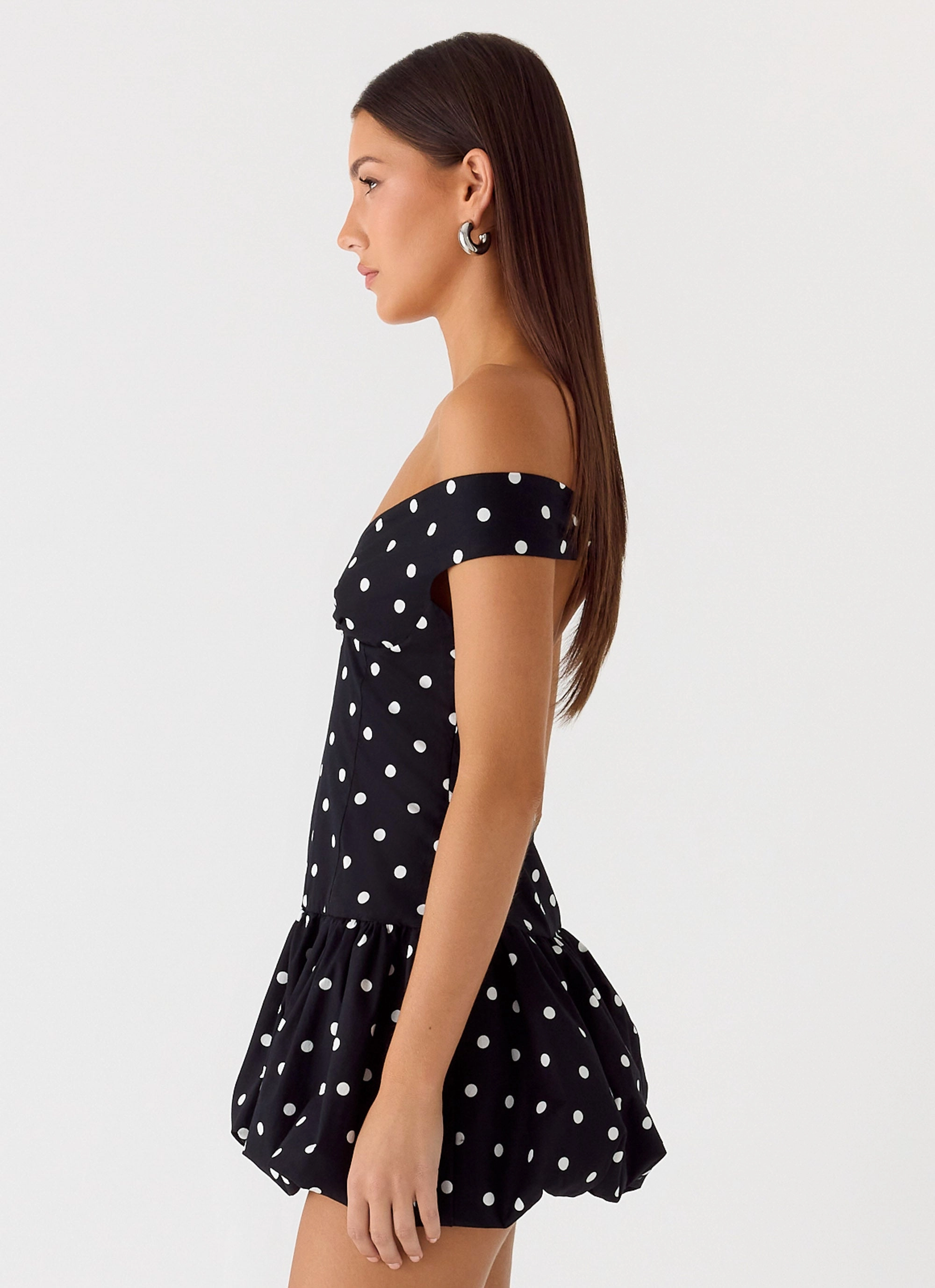 Endless Romance Off Shoulder Mini Dress - Black Polkadot Relax Feel Euro Ease
