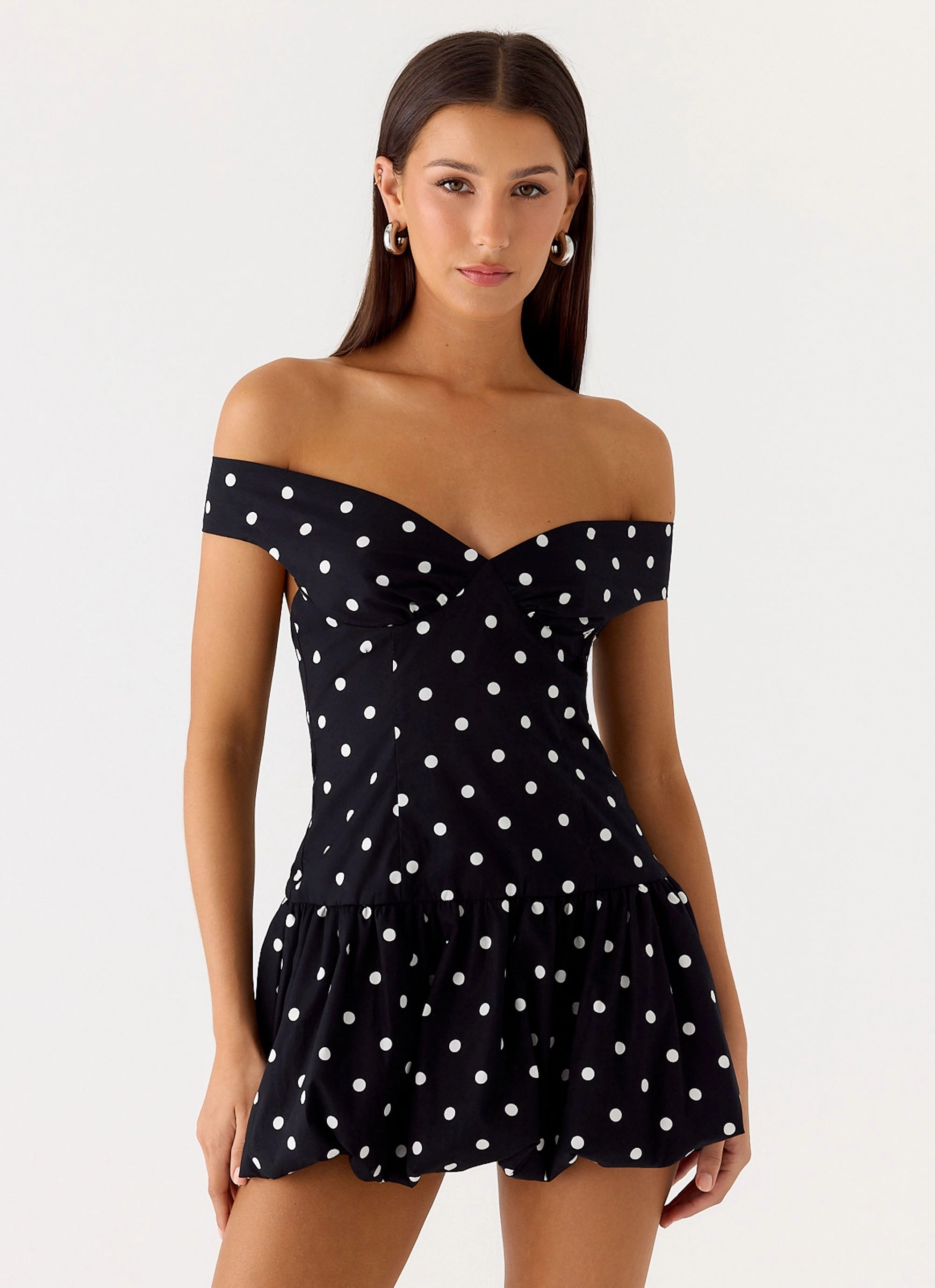 Endless Romance Off Shoulder Mini Dress - Black Polkadot Night Charm Breathable Design