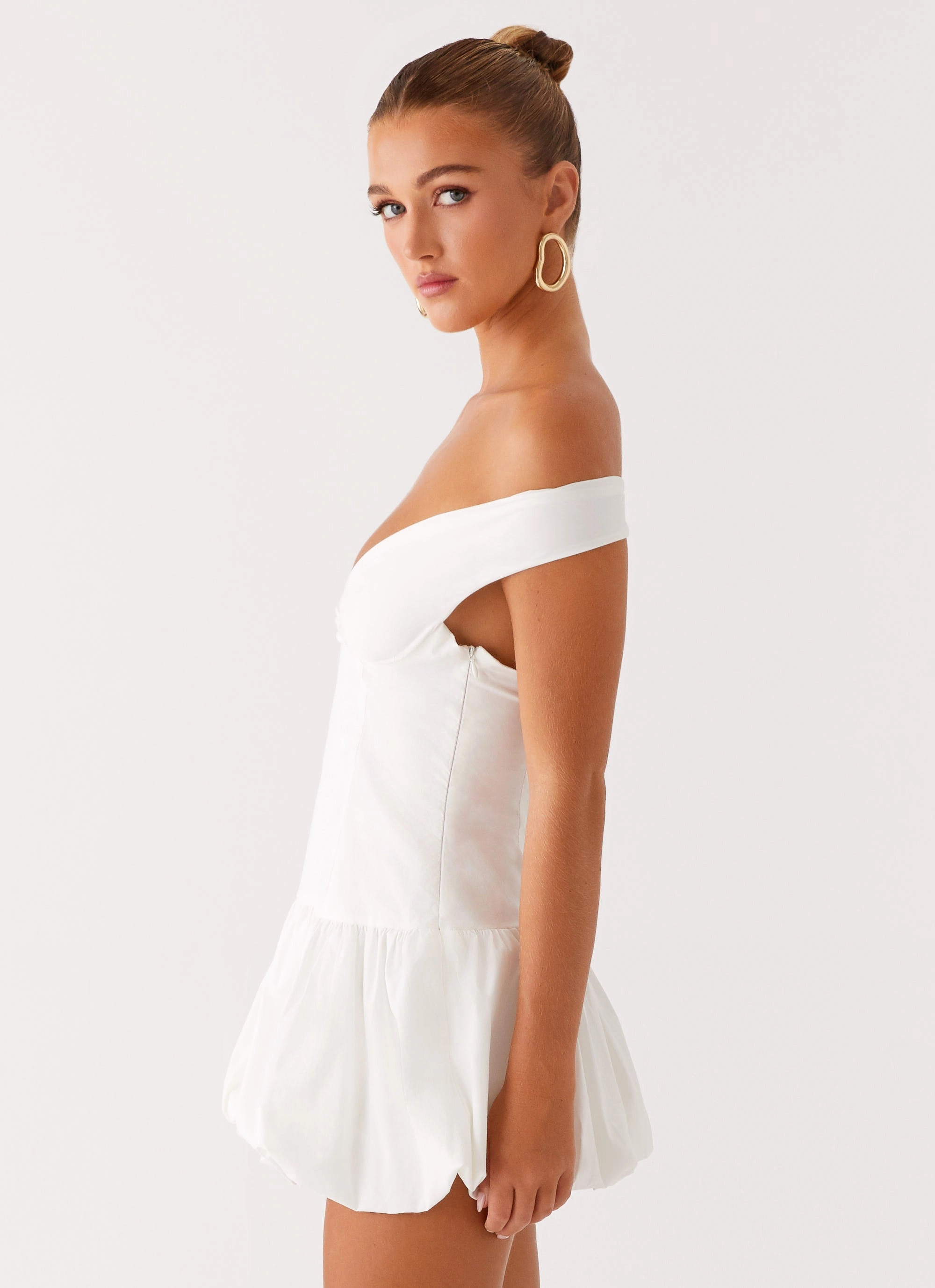 Bright Accent Satin Layers Endless Romance Off Shoulder Mini Dress - White