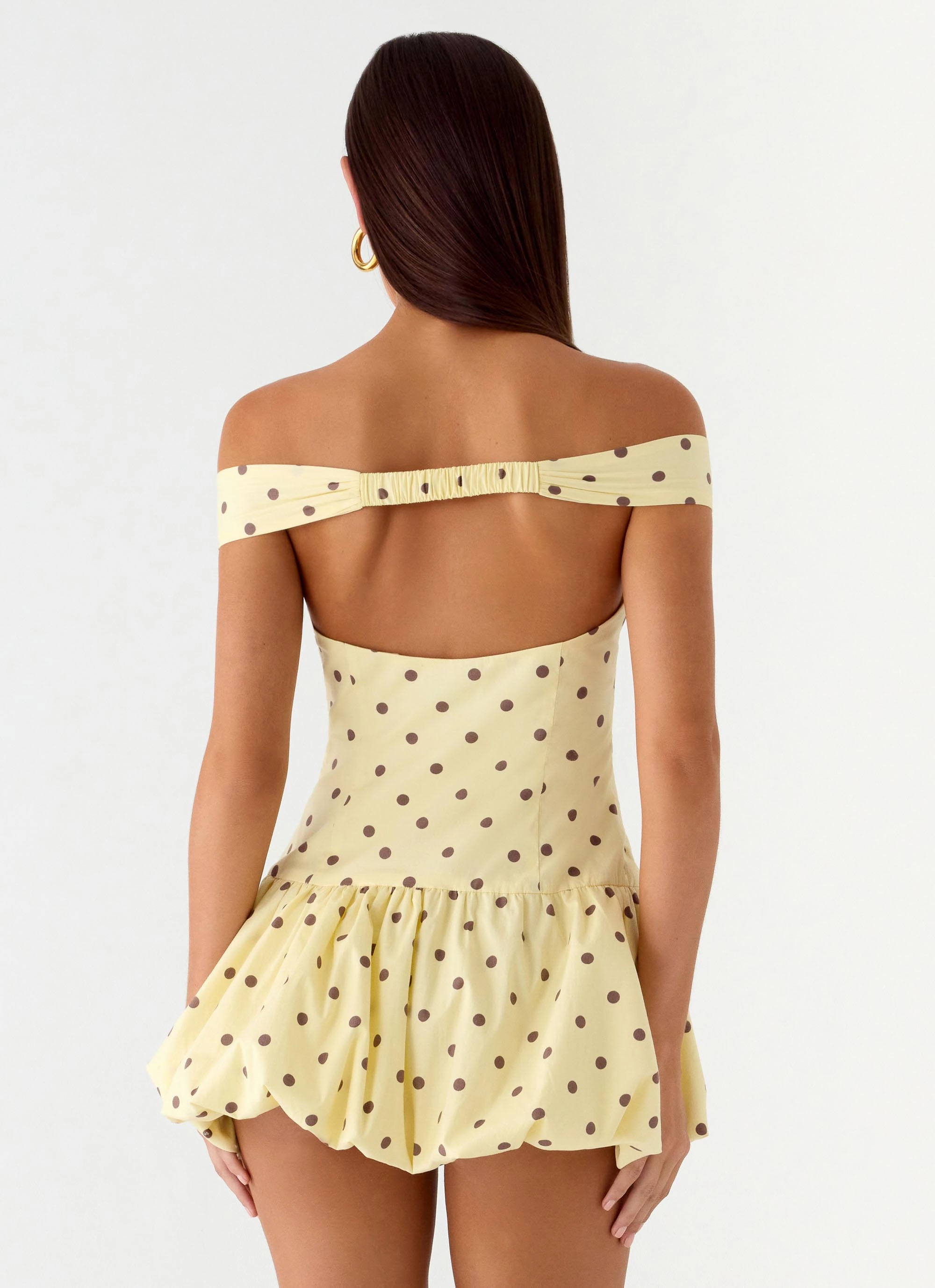 Satin Layers Classic Layering Endless Romance Off Shoulder Mini Dress - Yellow Polkadot
