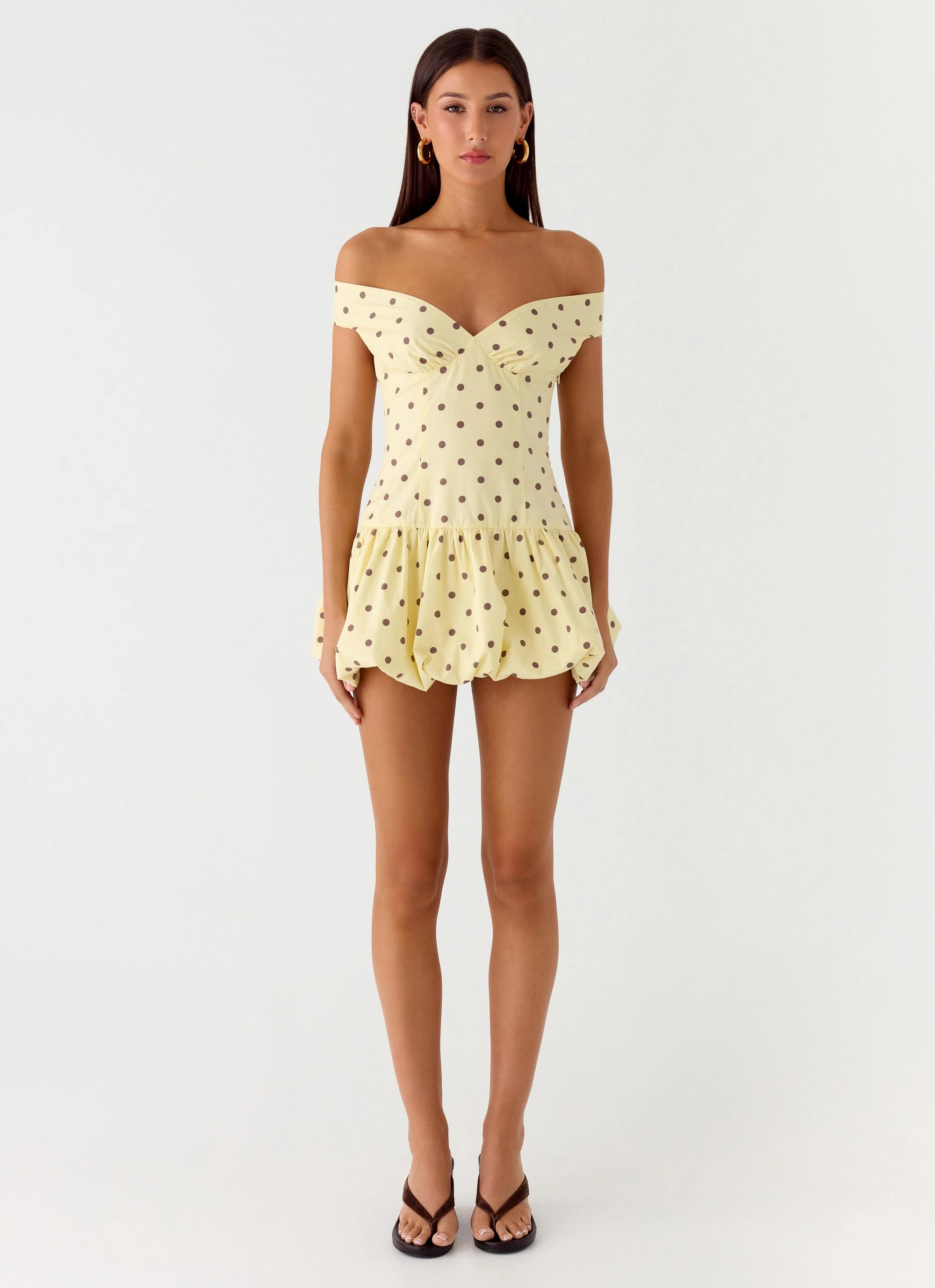 Subtle Edge Relax Cut Endless Romance Off Shoulder Mini Dress - Yellow Polkadot