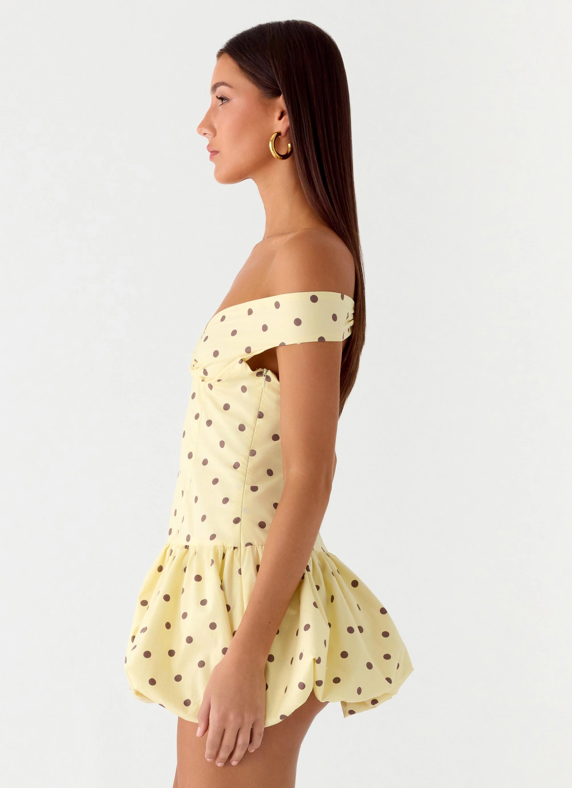 Endless Romance Off Shoulder Mini Dress - Yellow Polkadot Feminine Design