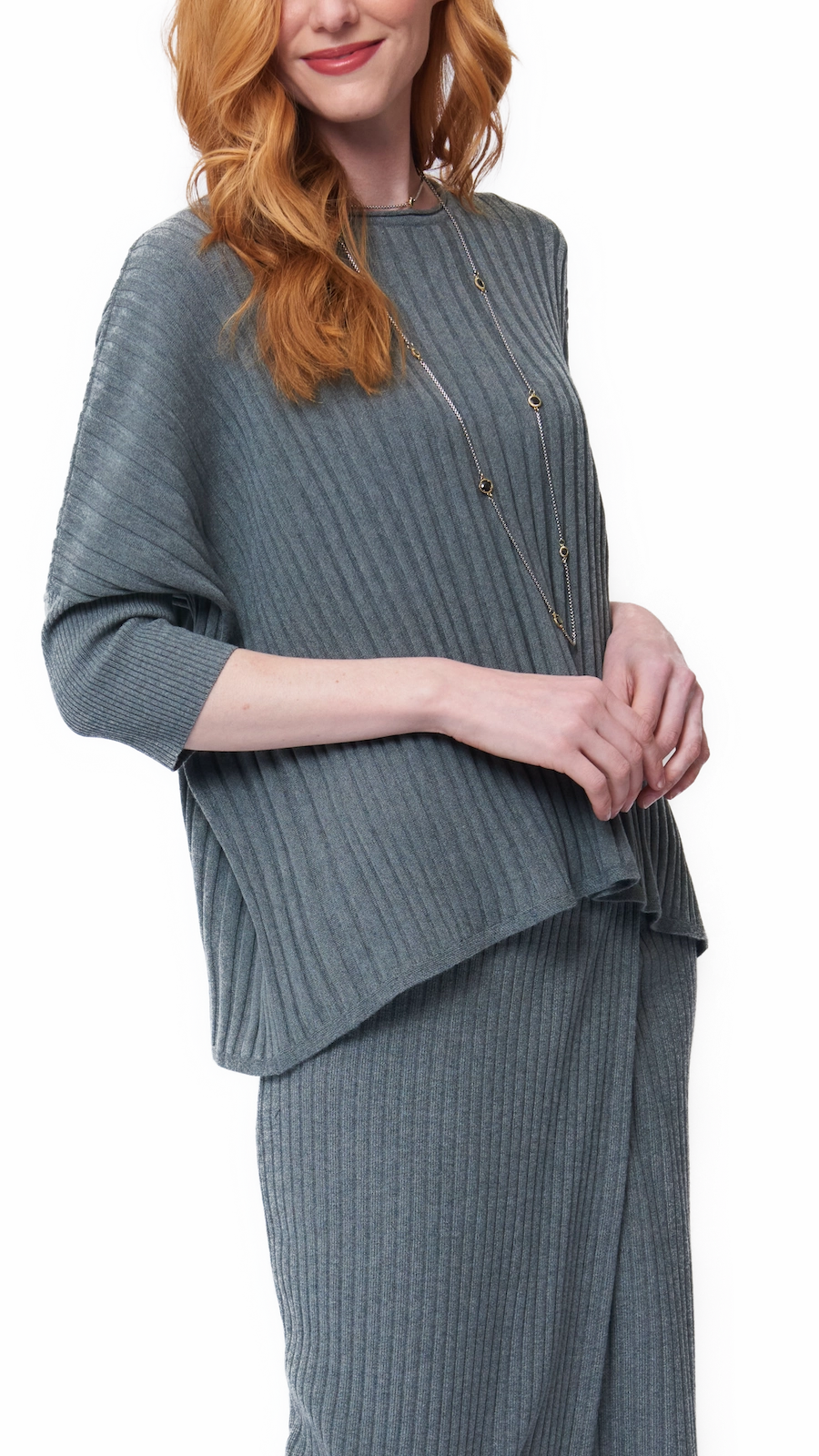 Erin Drop Shoulder 3/4 Sleeved Rib-Knit Top - Gray Bamboo Fiber Blend