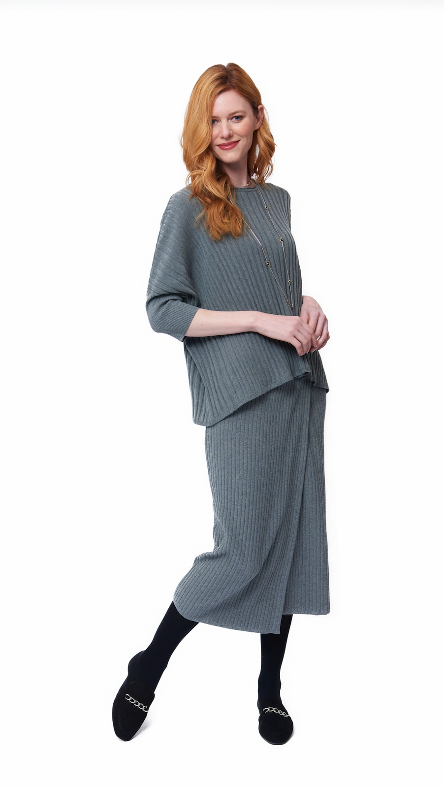 Erin Drop Shoulder 3/4 Sleeved Rib-Knit Top - Gray Cozy Option