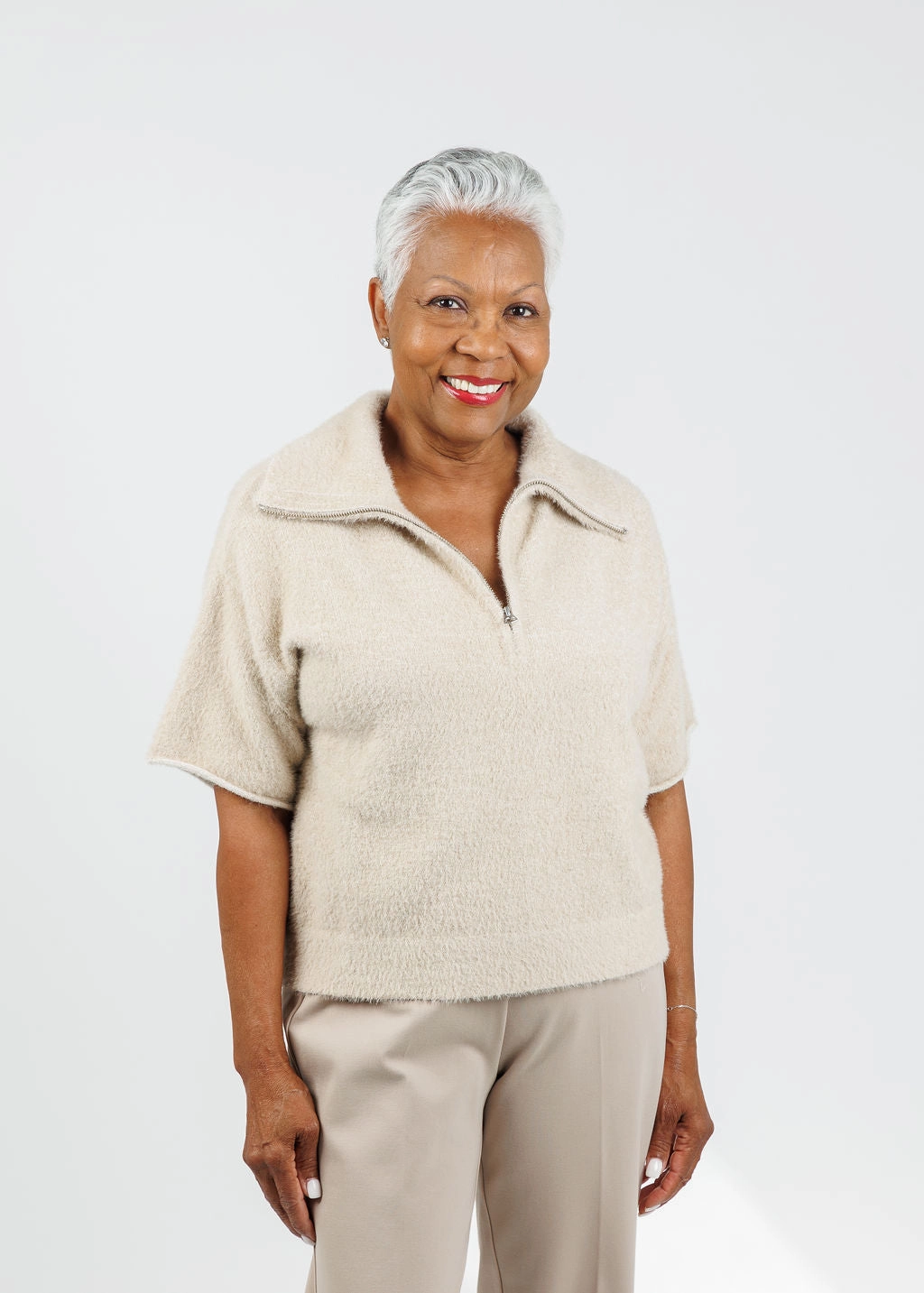 Esme Short Sleeve Half Zip Top - Taupe Mix All-Ages Fit Weekend Vibes