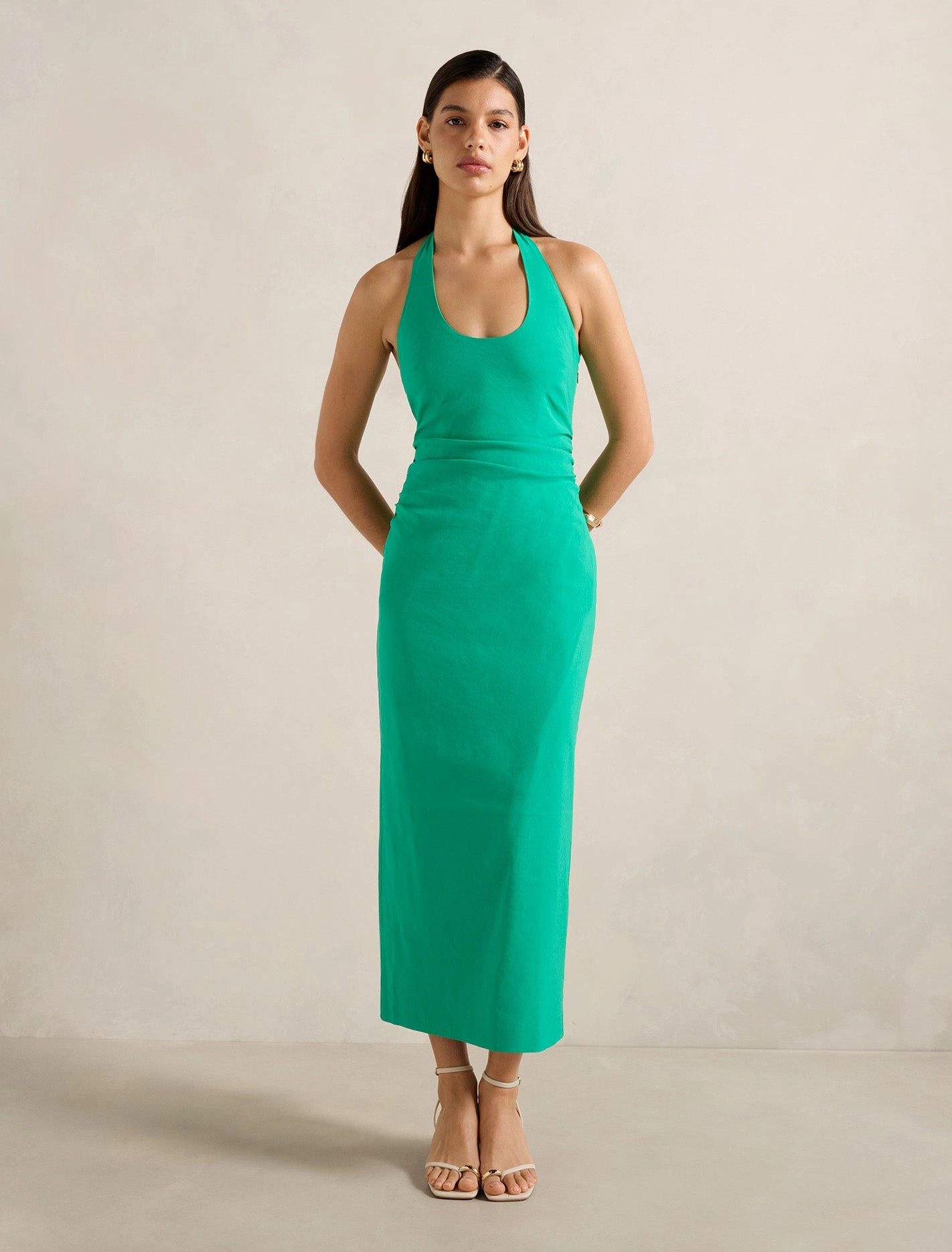 Wrap style Relaxed-fit gown Esmee U-Neck Stretch Linen Midi Dress