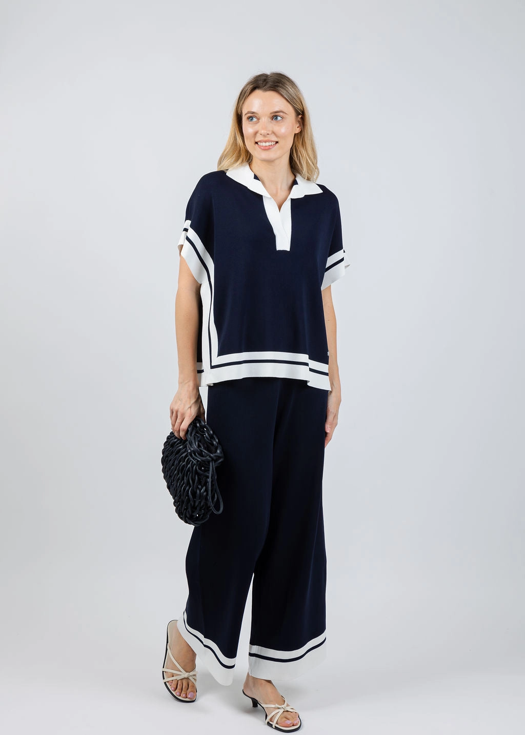 Easy Match Culotte Pants With Stripe Detail - Midnight Blue/Vanilla
