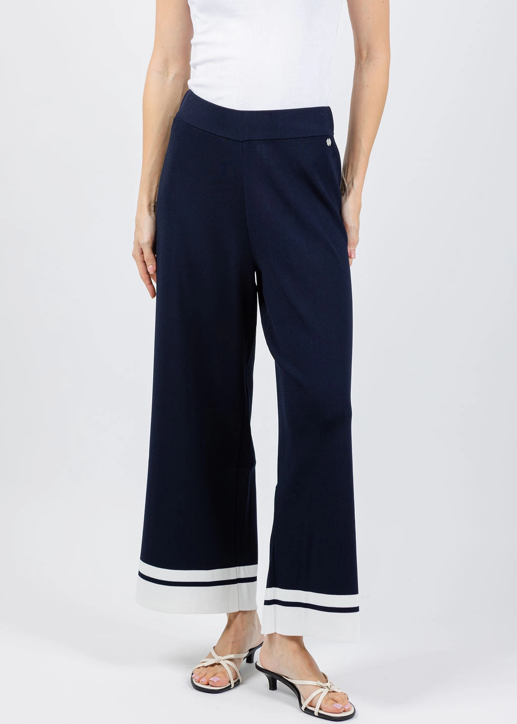 Minimal Vibe Stretchable Comfort Culotte Pants With Stripe Detail - Midnight Blue/Vanilla