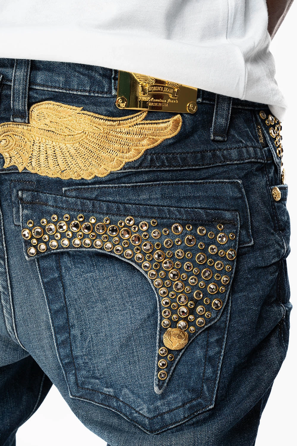 KILLER FLAP MENS SKINNY JEANS IN DARK BLUE WITH GOLD WINGS AND FULL CRYSTAL Odor Control Treatment