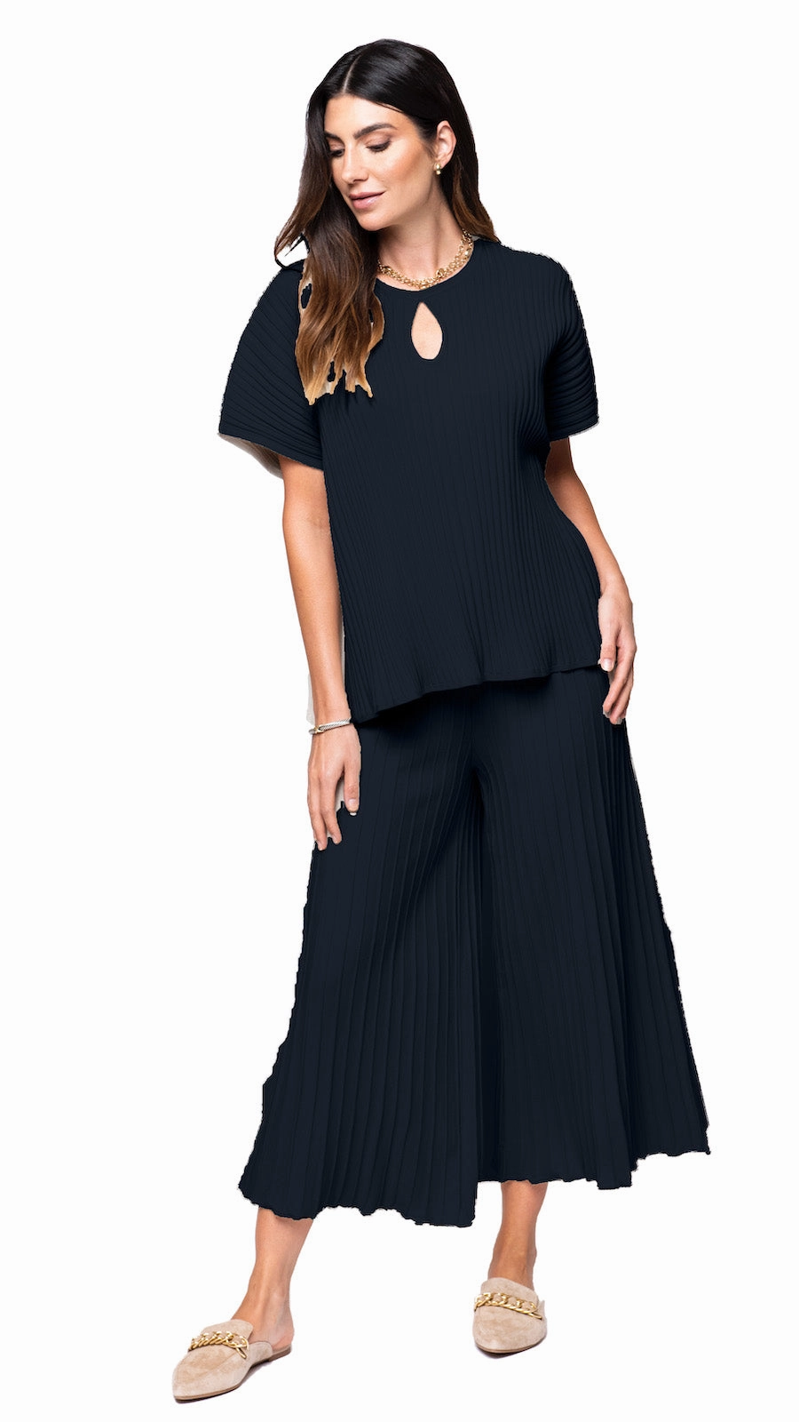 Ester Rib Knit Wide Top - Dark Navy crew neck