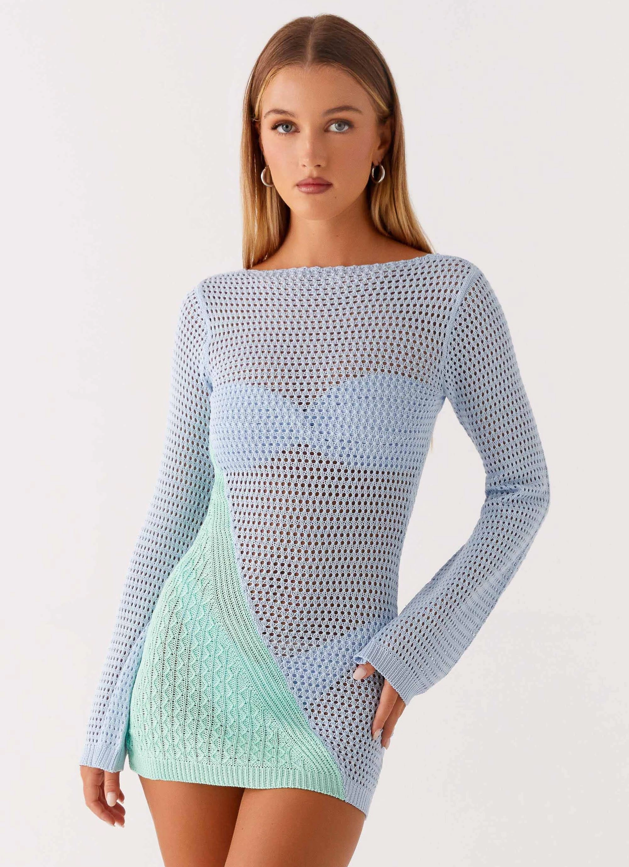 Quiet Sweet Chill Lines Estie Long Sleeve Crochet Mini Dress - Multi