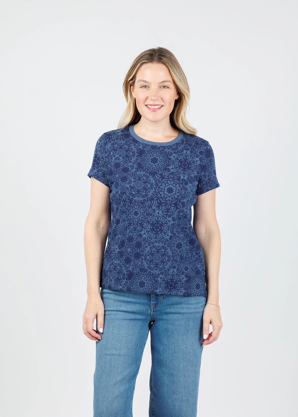 Embroidered Logo Bold Hue Eternity Lace Print Ringer Boy Tee - Denim Heather