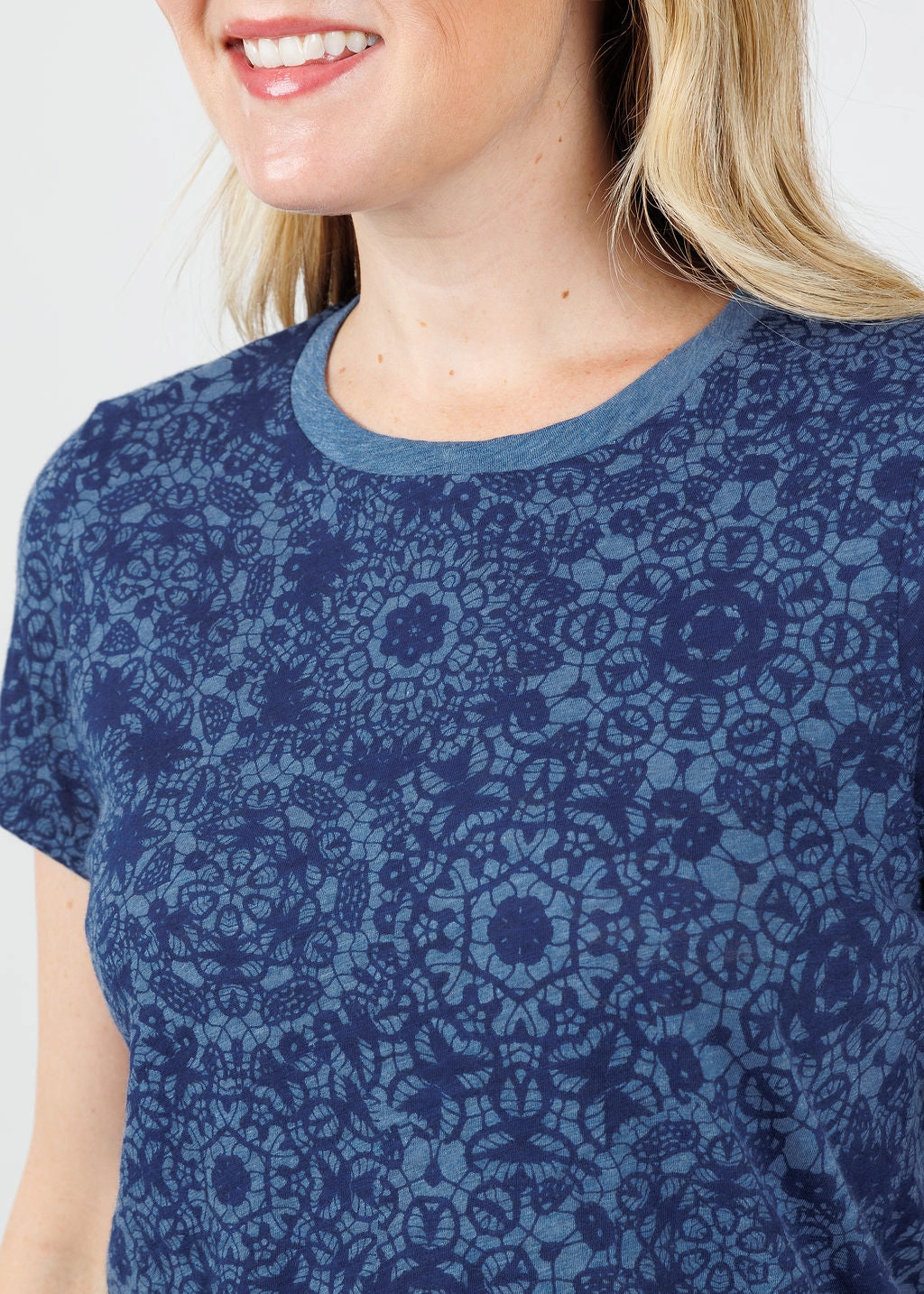 Eternity Lace Print Ringer Boy Tee - Denim Heather Comfy Design Double Needle Hemming