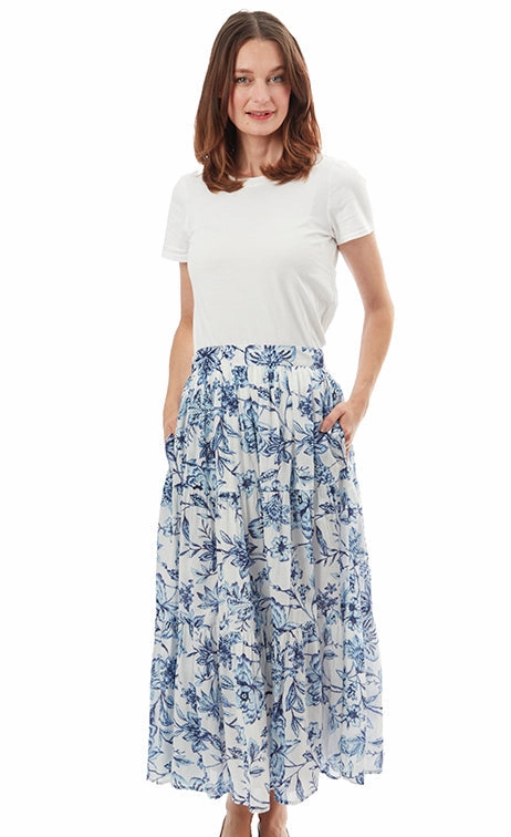 Tie Dye Style High Rise Woodstock Midi Skirt - Blue White