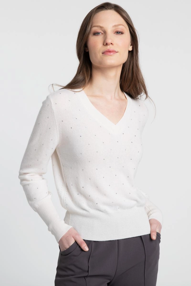 Comfy Flex Drop Needle Detailing Cashmere Crystal V-neck Sweater