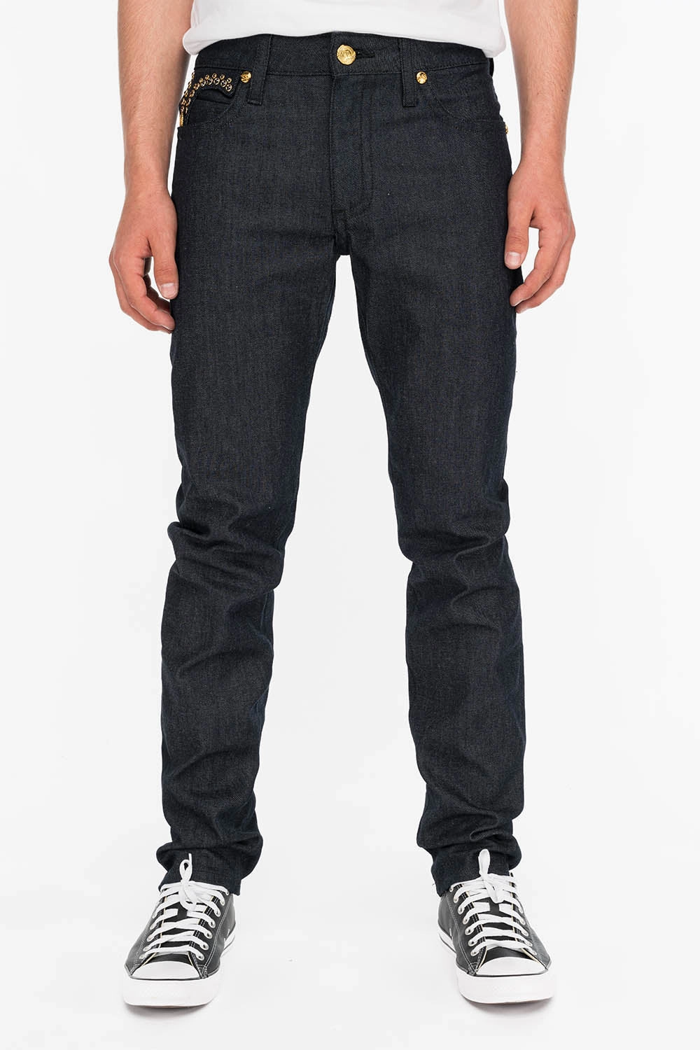 No Fuss Wear MENS RAW DENIM SLIM FIT KILLER FLAP JEANS WITH O.E. SCRIPT AND CRYSTALS