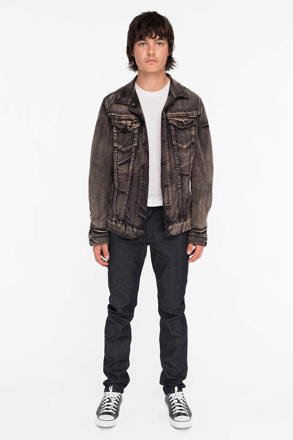 Thermal Regulating Fabric Neutral Vibrant Chill Outfit MENS RAW DENIM SLIM FIT KILLER FLAP JEANS WITH O.E. SCRIPT AND CRYSTALS