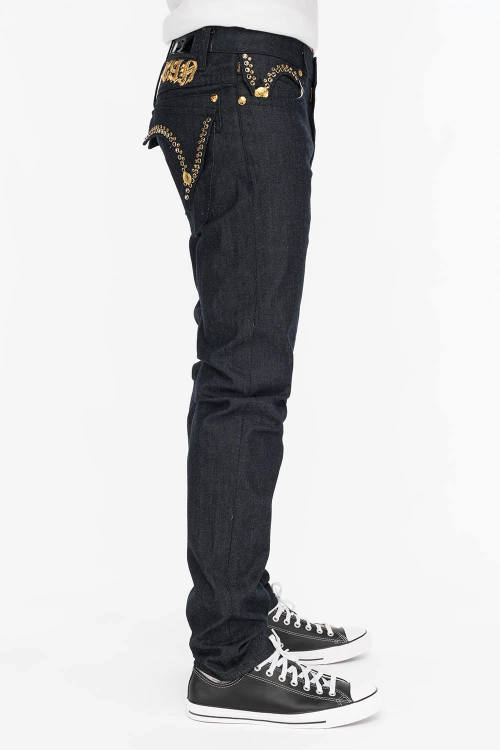 MENS RAW DENIM SLIM FIT KILLER FLAP JEANS WITH O.E. SCRIPT AND CRYSTALS Lightweight Denim Blend
