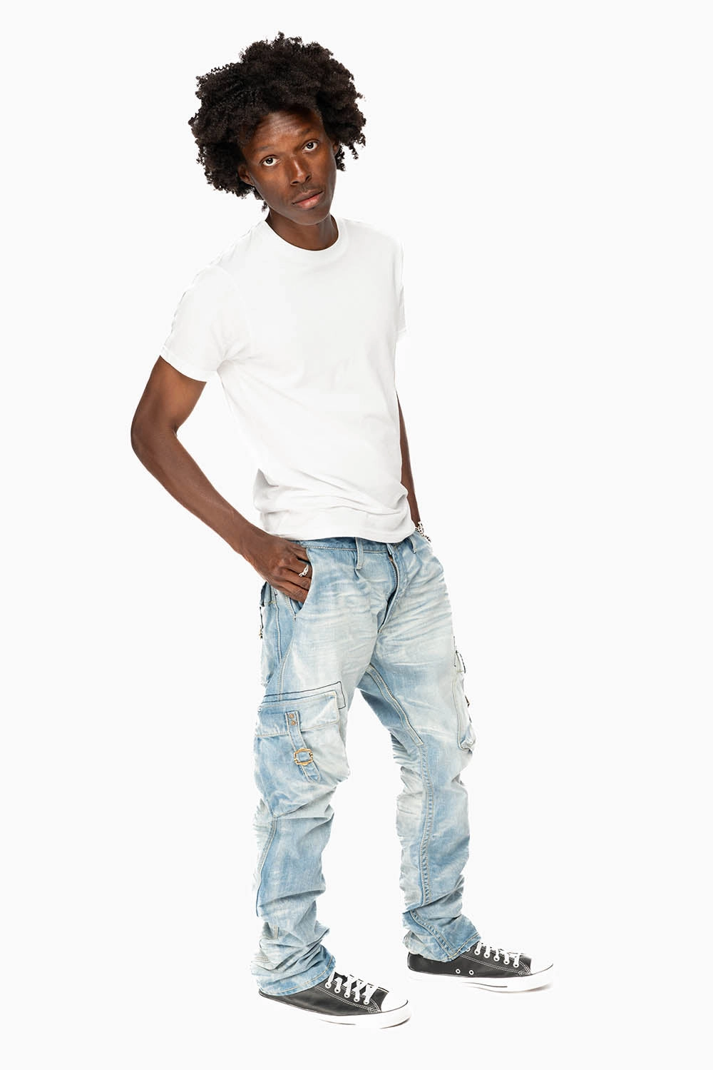 Modern Weekend Style MENS PREDATOR CARGO PANTS LIMITED EDITION IN BLUE OMAHA LIGHT WASH