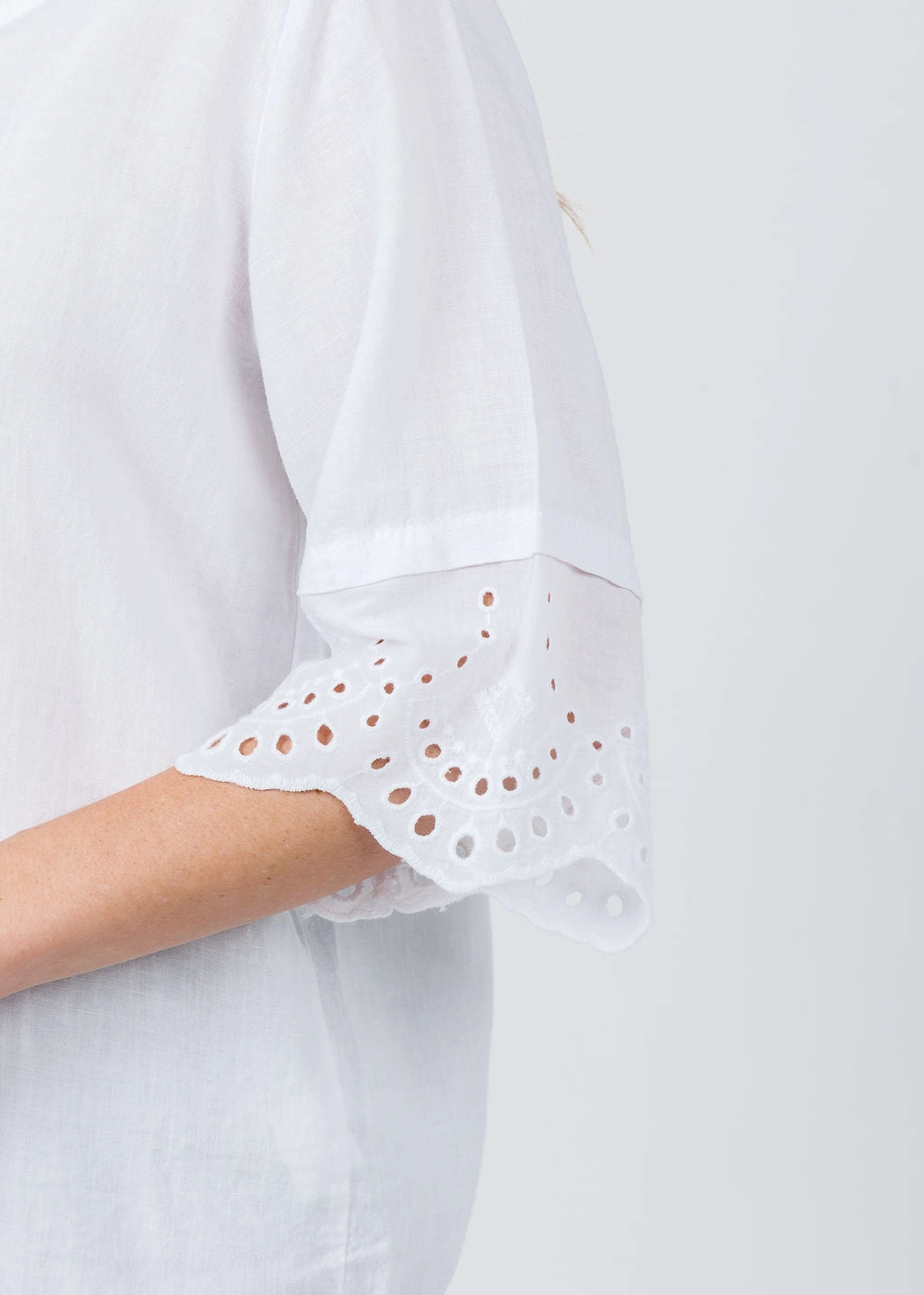 Lace Accent Chic Comfort Eyelet Sleeve Top - White