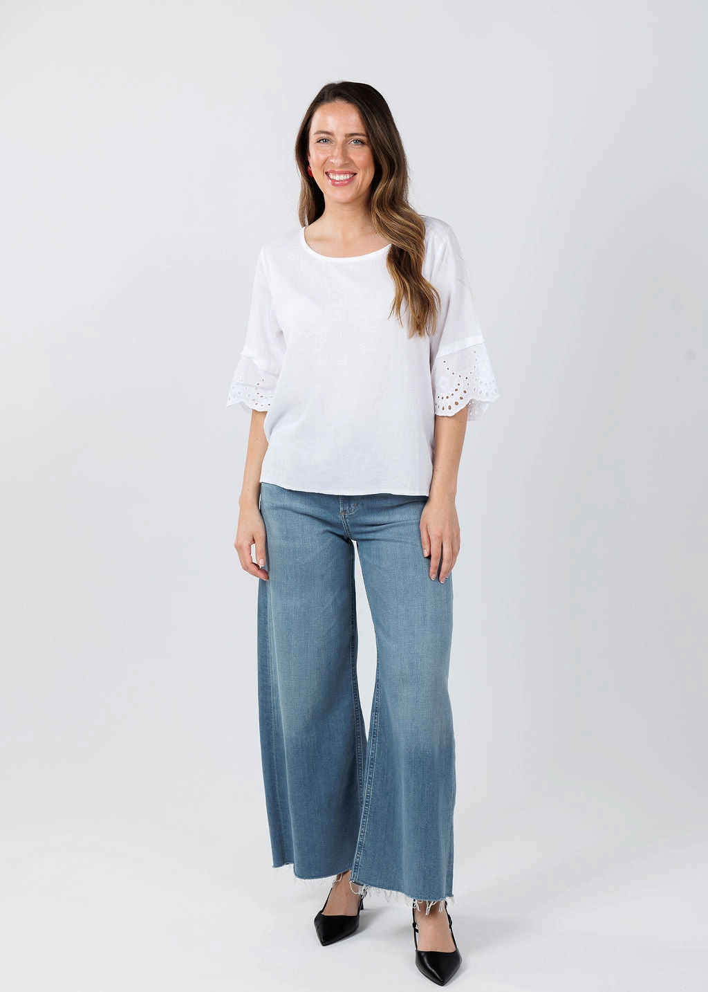 Anti Static Fabric Eyelet Sleeve Top - White