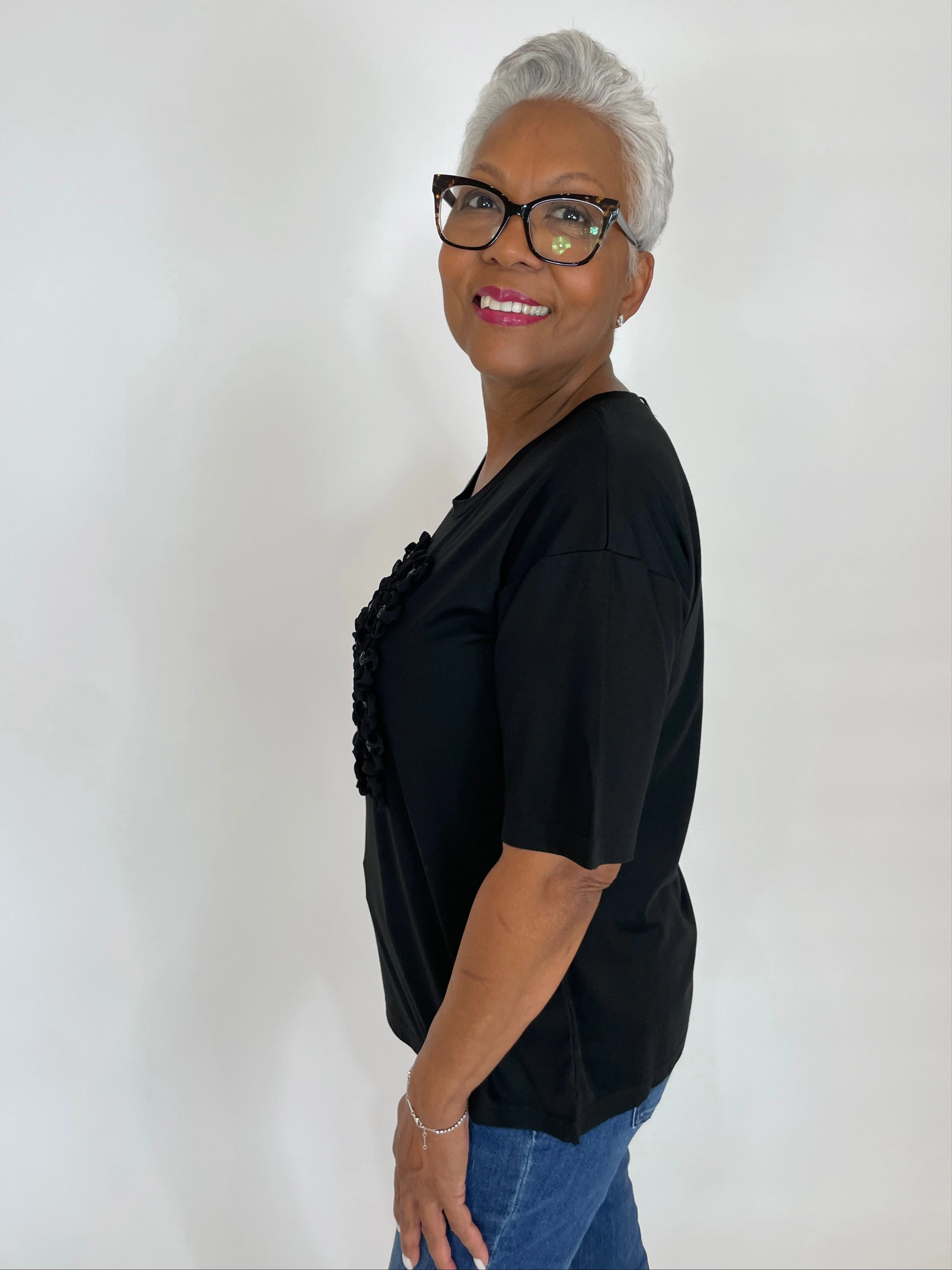 Breathable Cotton Magda Flower Center Tee - Black