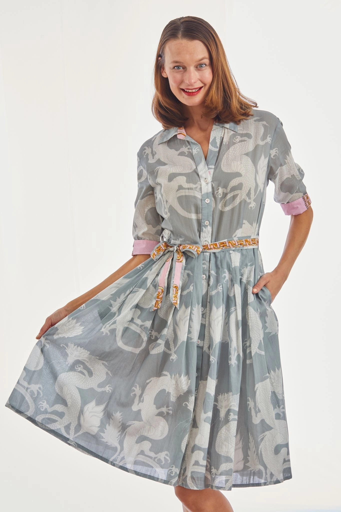 Mrs Maisel Dress - Grey Dragons Print Knit Warm