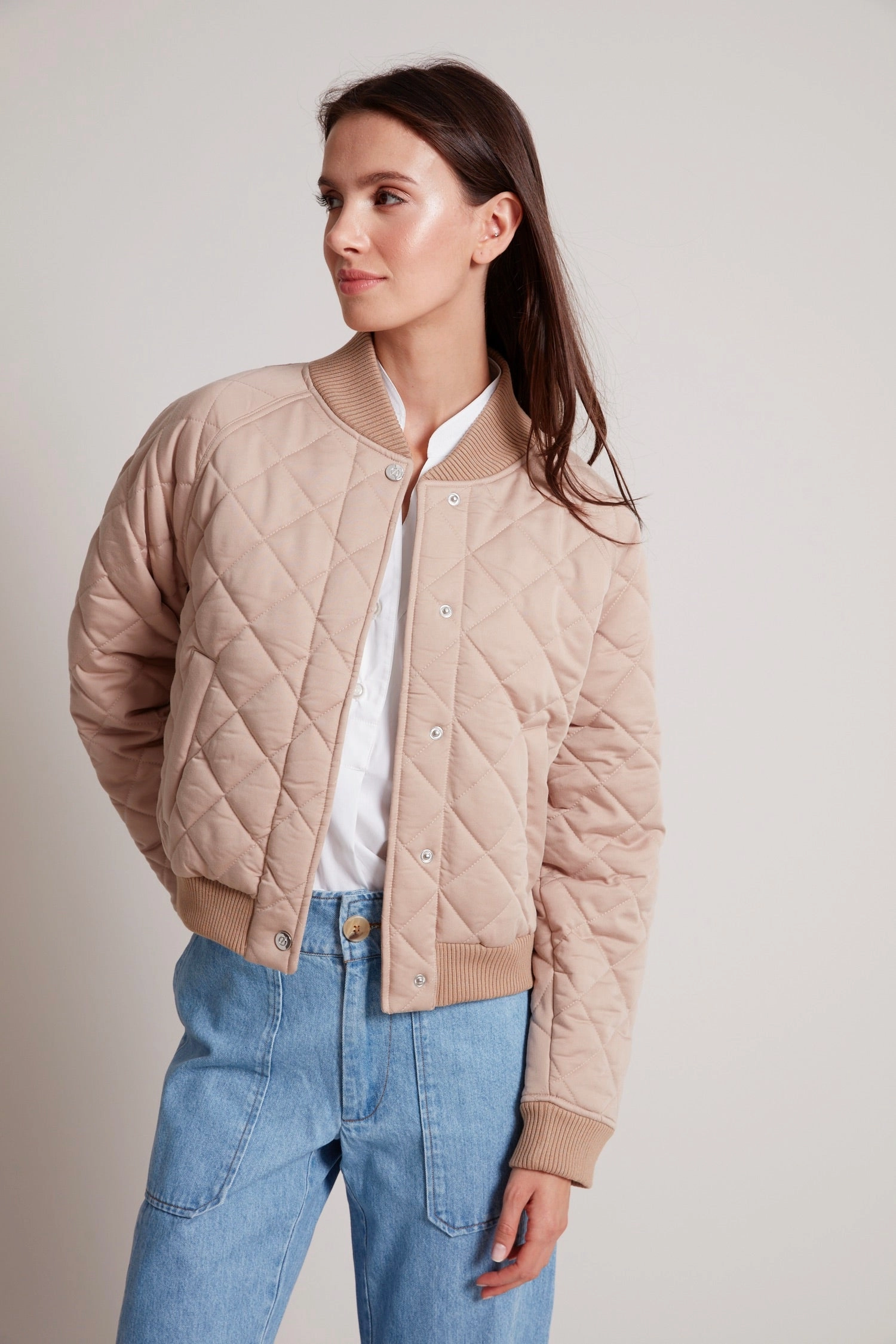 Tess Quilted Baseball Collar Bomber Jacket - Cafe Creme Sealed Seam Construction NonBulkyLayering