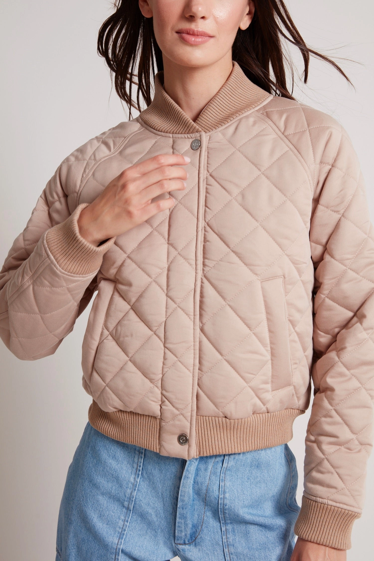 Tess Quilted Baseball Collar Bomber Jacket - Cafe Creme Durable Coating