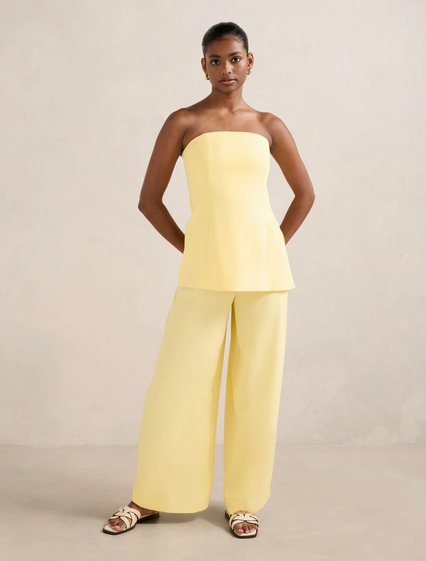 Evelyn Petite Elastic Wide Leg Pants Flat waistband