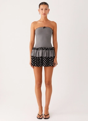 Yerin Strapless Frill Mini Dress - Grey Polkadot single wear Comfortable and Soft
