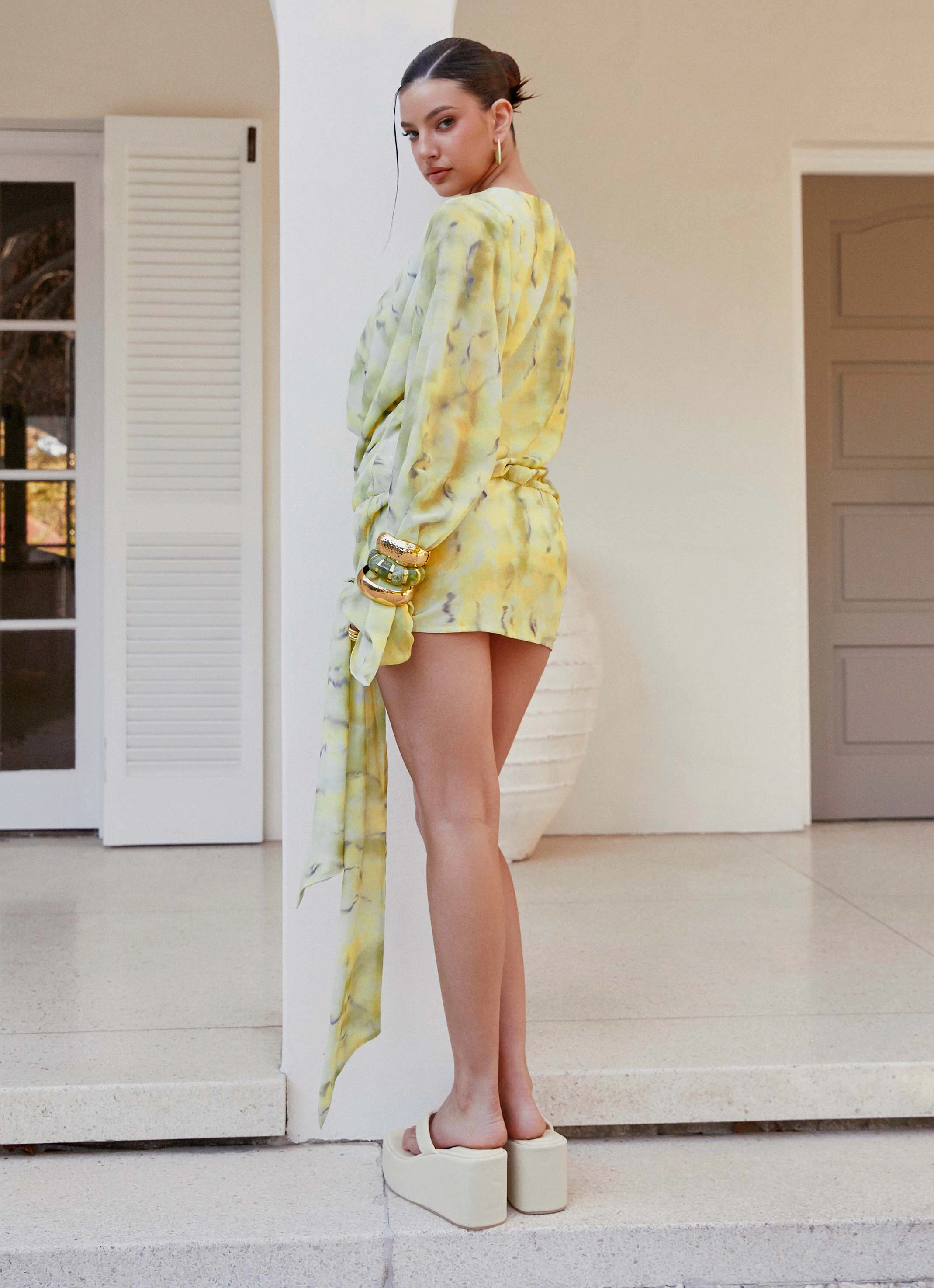 Sorrel Long Sleeve Mini Dress - Yellow Tie Dye Subtle Comfort Versatile sundress