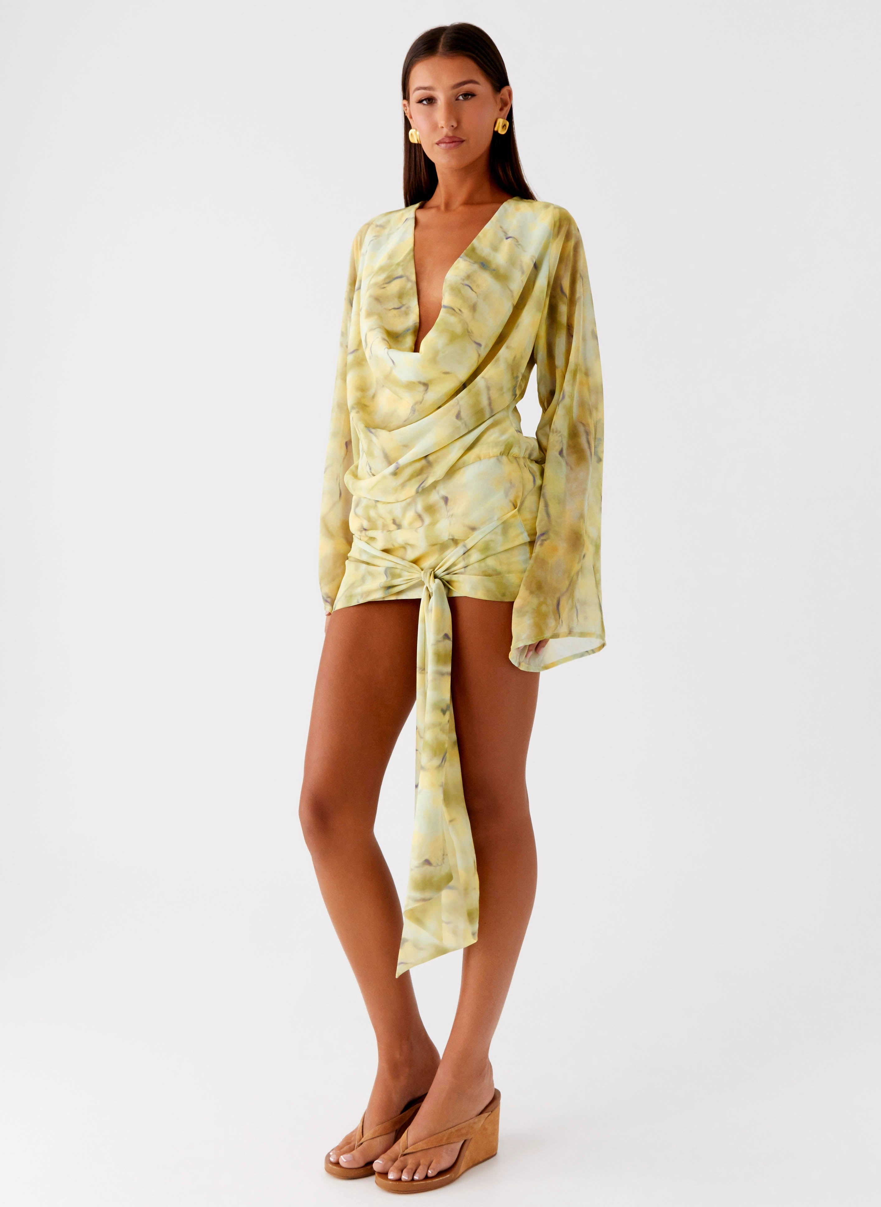 Vibrant Waist Soft Layers Sorrel Long Sleeve Mini Dress - Yellow Tie Dye