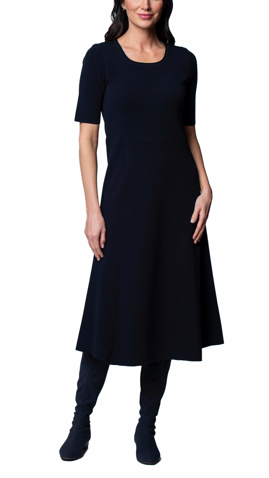 Korean Mood Satin Touch Nora Milano Knit Short Sleeved Fit-And-Flare Midi Dress - Dark Navy
