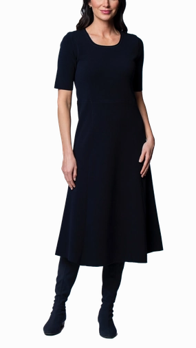 Korean Mood Satin Touch Nora Milano Knit Short Sleeved Fit-And-Flare Midi Dress - Dark Navy