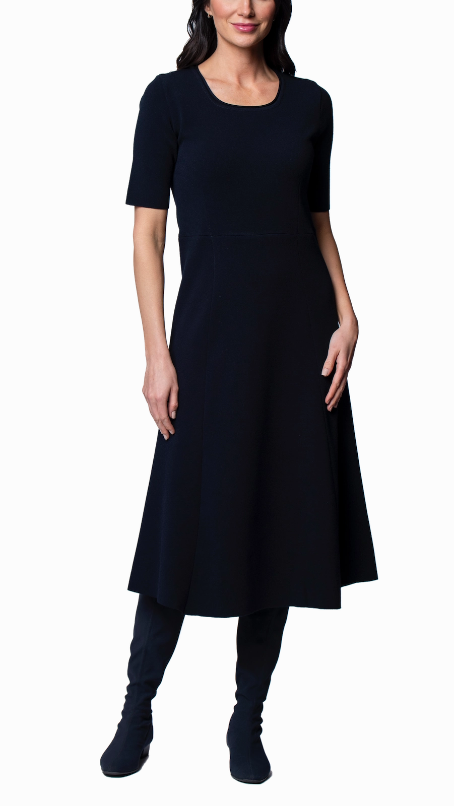 Nora Milano Knit Short Sleeved Fit-And-Flare Midi Dress - Dark Navy Soft Finish Cotton Touch