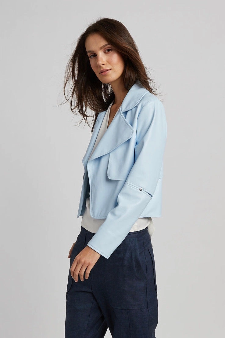 Travel Commuter Layer Ninon Short Vegan Leather Open Front Jacket - Blue Sky