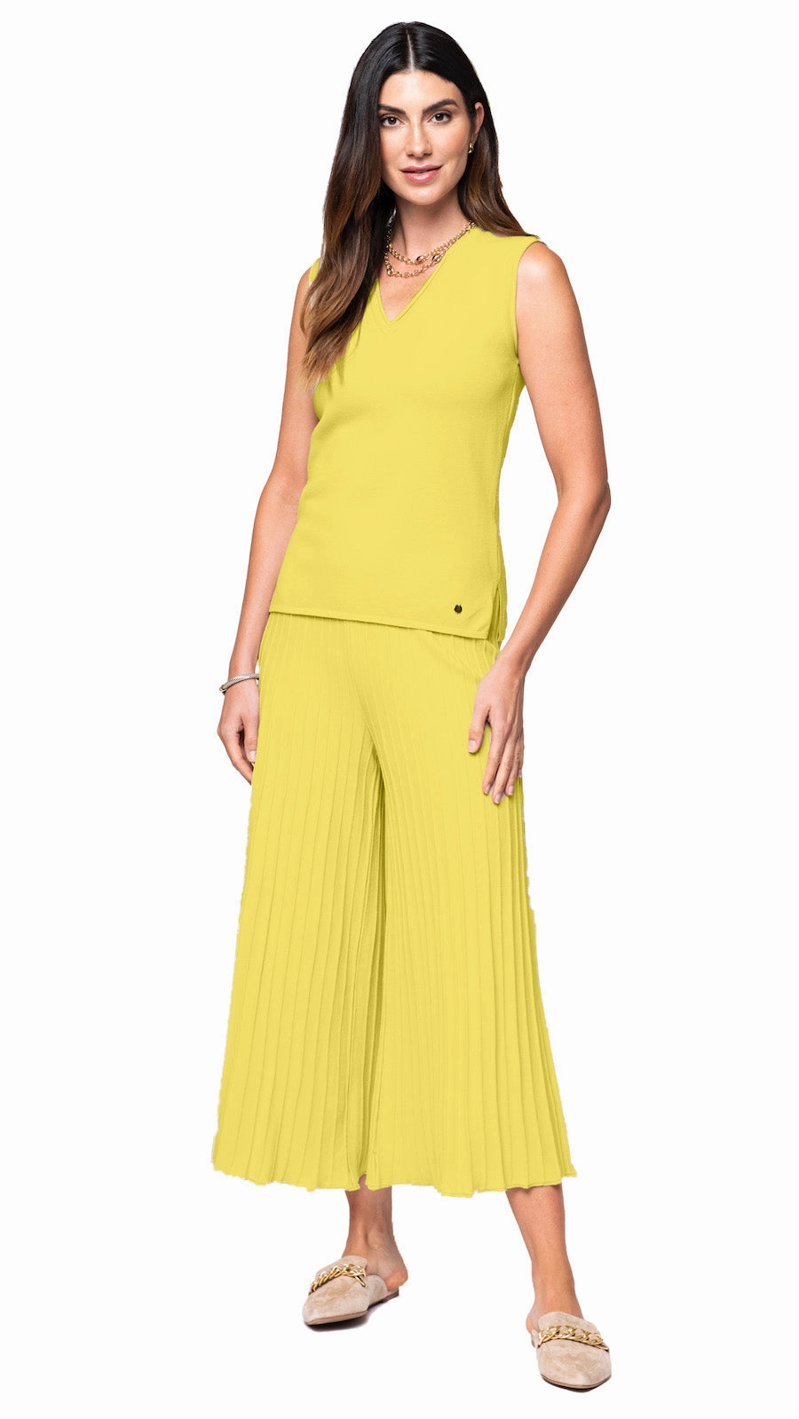 Giuliana Plisse-Look Cropped Wide Leg Pants - Lemon Stretch Support Slim Wear Design